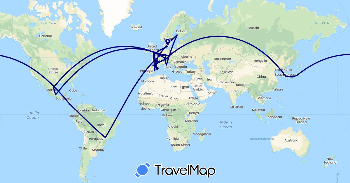 TravelMap itinerary: driving in Austria, Brazil, Costa Rica, Czech Republic, Germany, Denmark, Spain, Finland, France, United Kingdom, Italy, Japan, South Korea, Mexico, Netherlands (Asia, Europe, North America, South America)